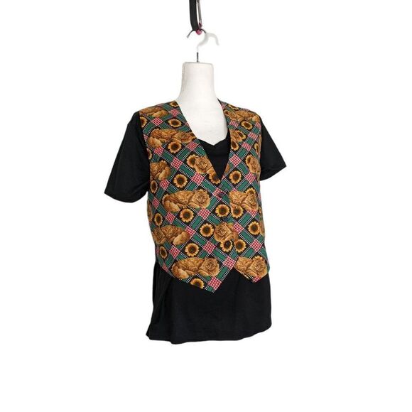 Sunflower and Cat Vest Plaid Orange cat One Size button down fall cat lady - Picture 10 of 12